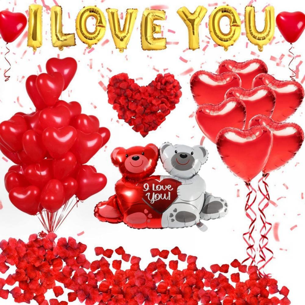 Red Heart Balloons with Teddy Bear Balloons - Big 40 Inch | 1000 Red Rose Petals | 36 Inch I Love You Balloons | Red Valentines Day Balloons for Valentines , Romantic Decorations Special Night Decor